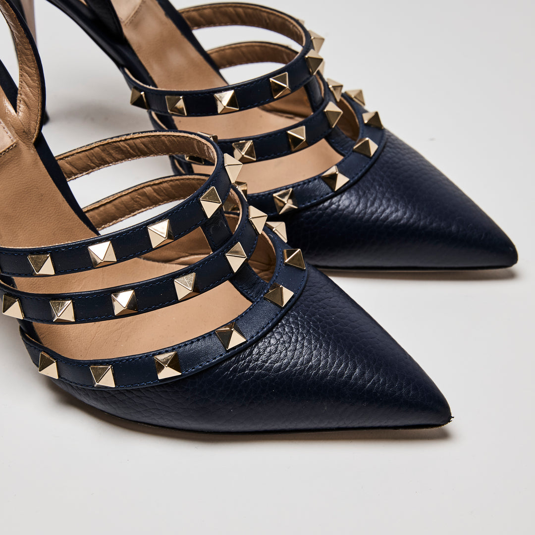 Valentino Navy Leather Rockstud Caged Slingback Pumps Size 38.5