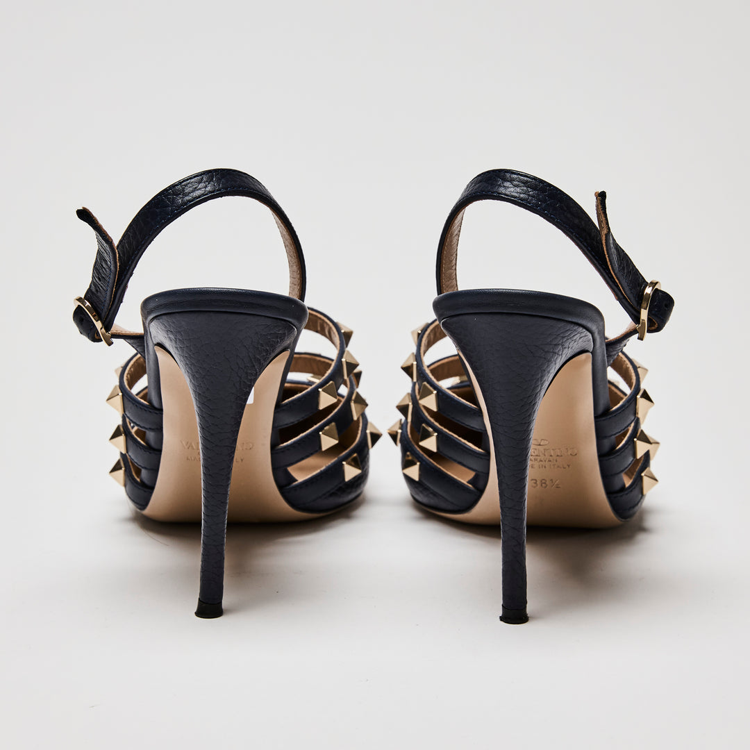 Valentino Navy Leather Rockstud Caged Slingback Pumps Size 38.5