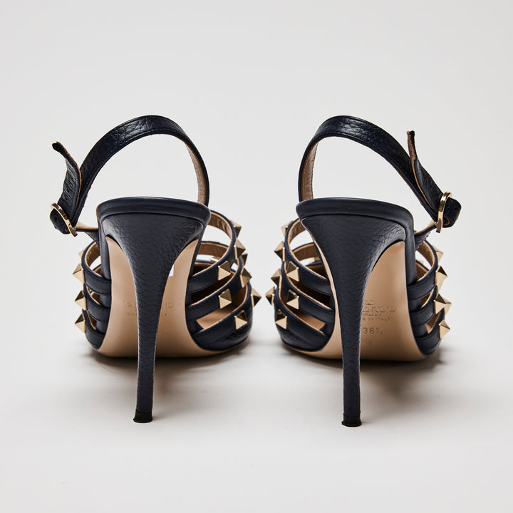 Valentino Navy Leather Rockstud Caged Slingback Pumps Size 38.5