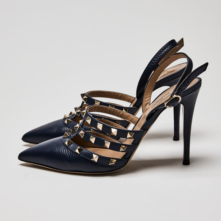Valentino Navy Leather Rockstud Caged Slingback Pumps Size 38.5