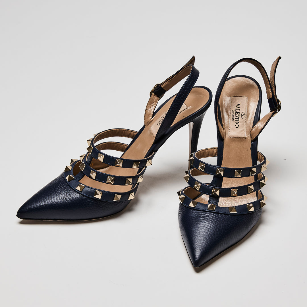 Valentino Navy Leather Rockstud Caged Slingback Pumps Size 38.5