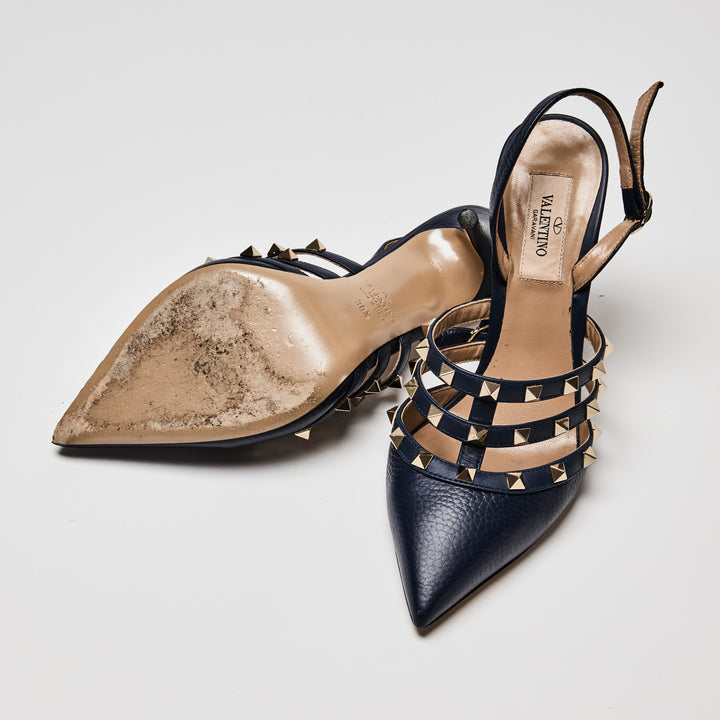 Valentino Navy Leather Rockstud Caged Slingback Pumps Size 38.5