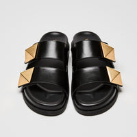 Valentino Black Calf Leather Roman Stud Slides Size 39