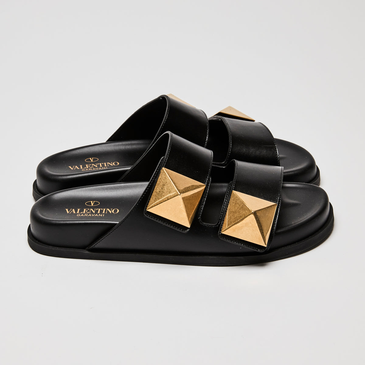 Valentino Black Calf Leather Roman Stud Slides Size 39
