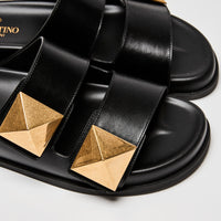 Valentino Black Calf Leather Roman Stud Slides Size 39
