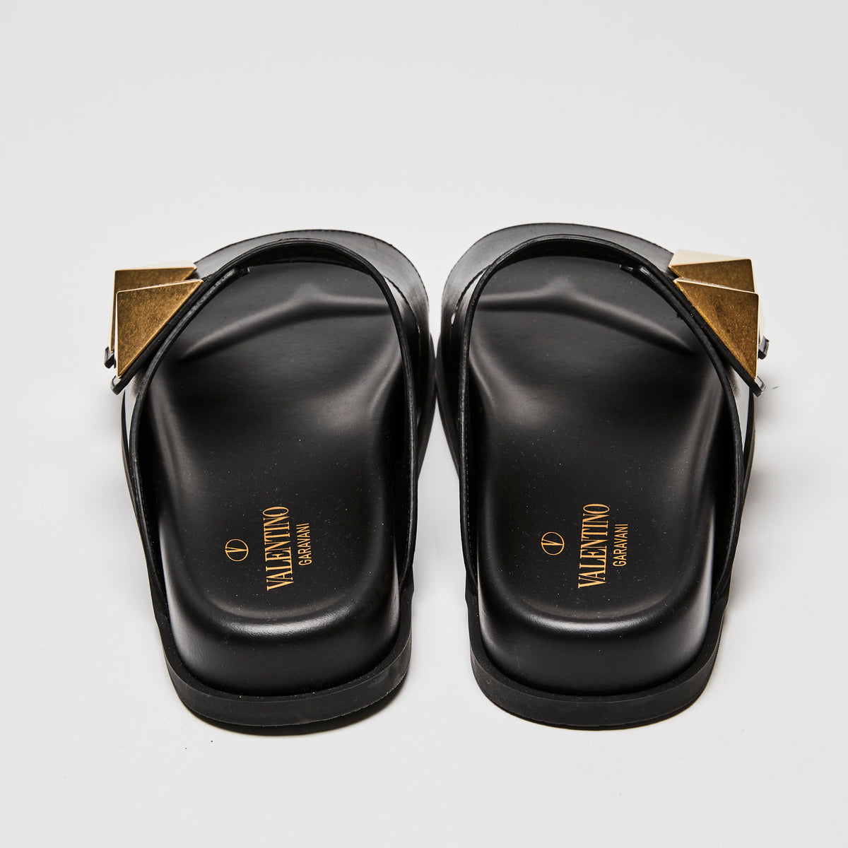 Valentino Black Calf Leather Roman Stud Slides Size 39