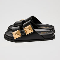 Valentino Black Calf Leather Roman Stud Slides Size 39