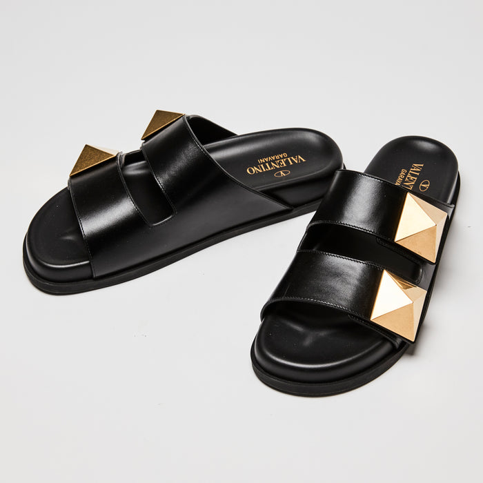 Valentino Black Calf Leather Roman Stud Slides Size 39