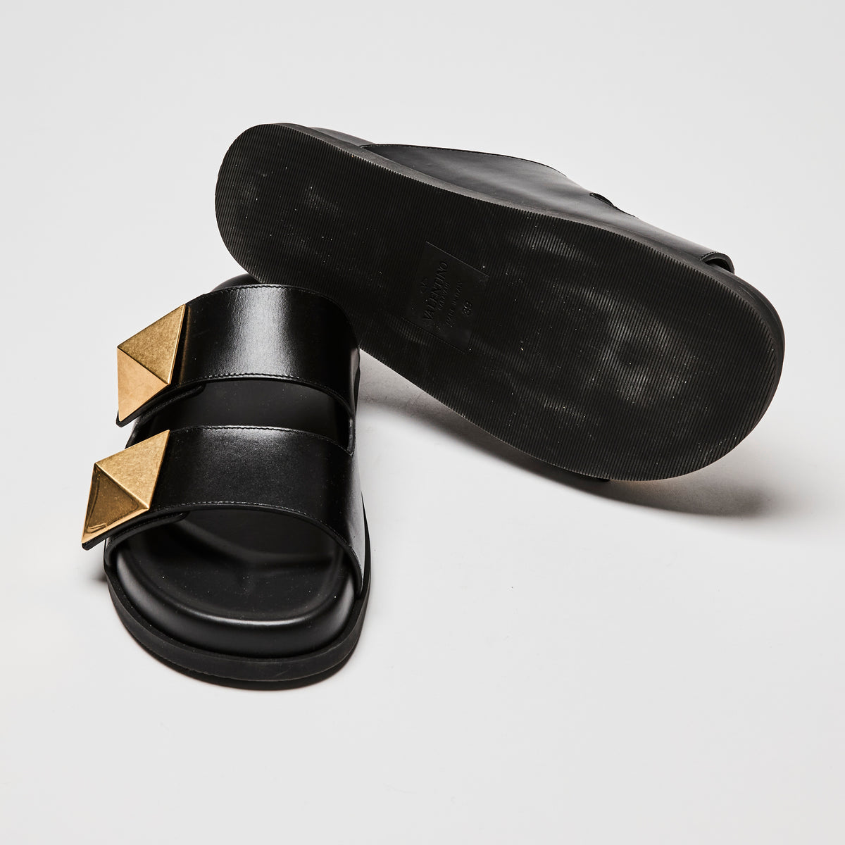 Valentino Black Calf Leather Roman Stud Slides Size 39