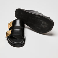 Valentino Black Calf Leather Roman Stud Slides Size 39