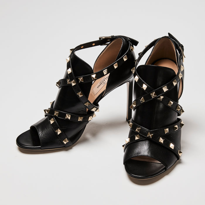 Valentino Black Leather Rockstud Ankle Strap Sandals Size 39.5