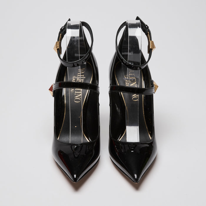Valentino Black Patent Leather Rockstud Ankle Strap Pumps Size 38.5