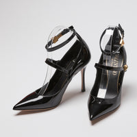 Valentino high-heeled pumps in black patent leather with gold rockstud ankle straps