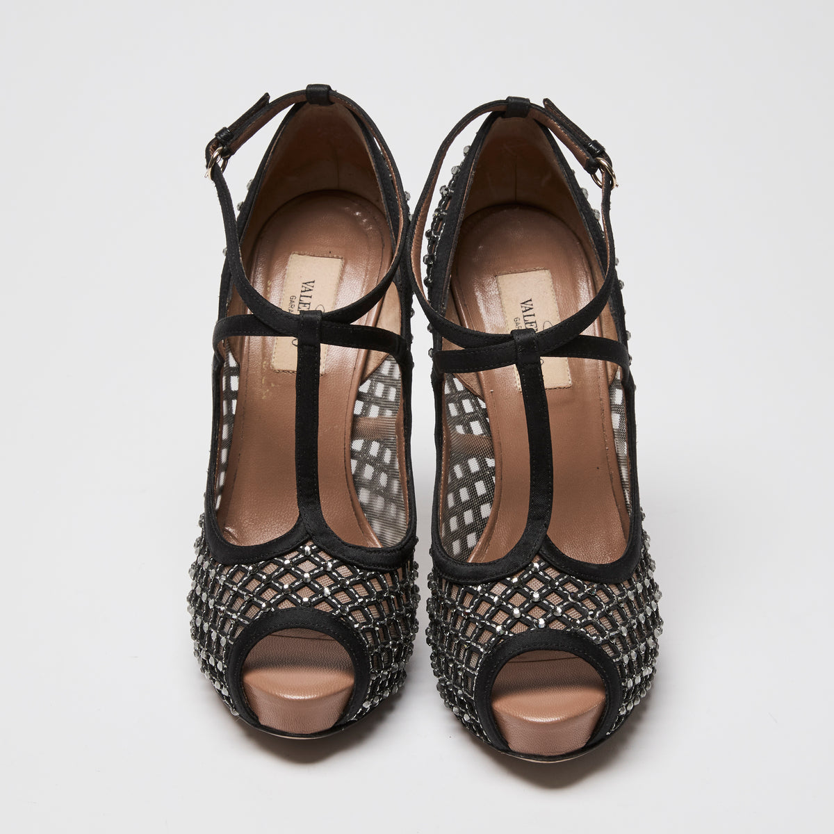 Valentino Black Nylon Mesh & Crystal Ankle Strap Pumps Size 38