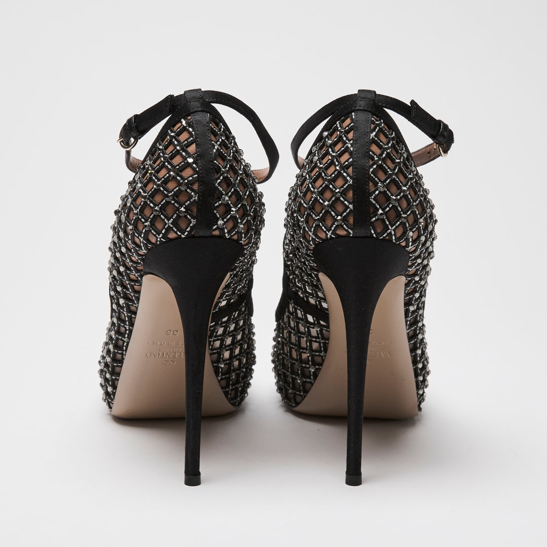 Valentino Black Nylon Mesh & Crystal Ankle Strap Pumps Size 38