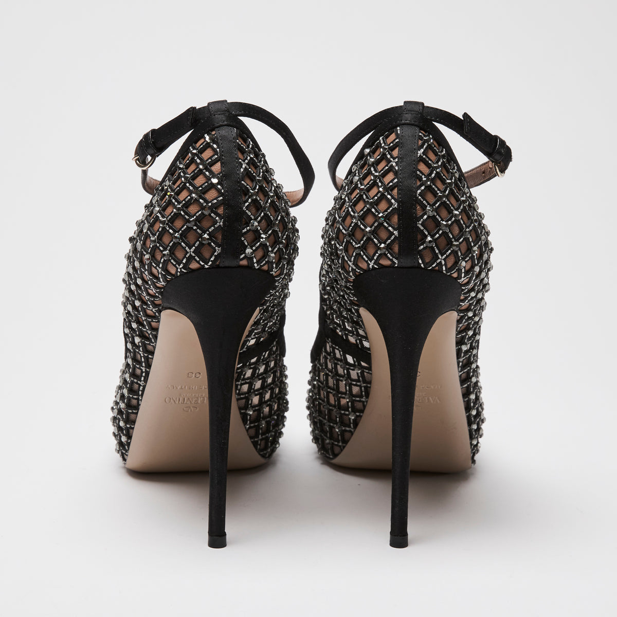 Valentino Black Nylon Mesh & Crystal Ankle Strap Pumps Size 38