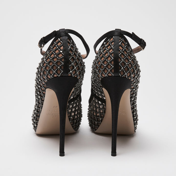 Valentino Black Nylon Mesh & Crystal Ankle Strap Pumps Size 38