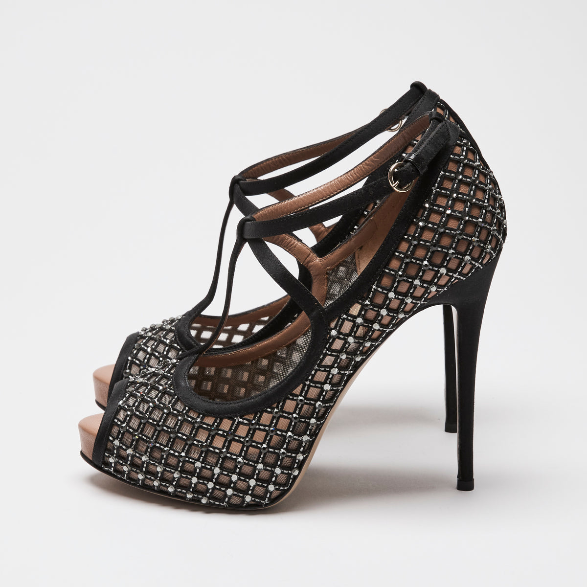 Valentino Black Nylon Mesh & Crystal Ankle Strap Pumps Size 38