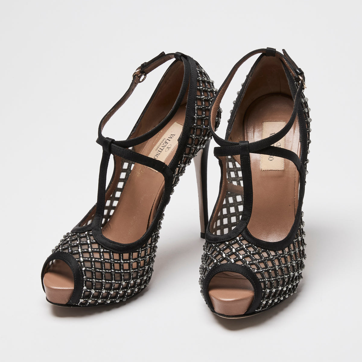 Valentino Black Nylon Mesh & Crystal Ankle Strap Pumps Size 38