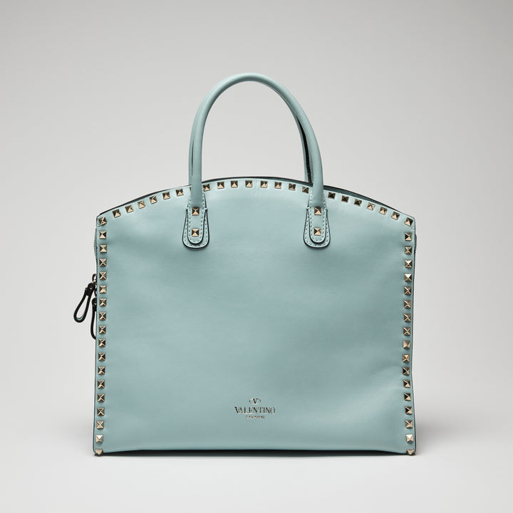 Valentino Light Blue Calf Leather Medium Rockstud Tote Bag