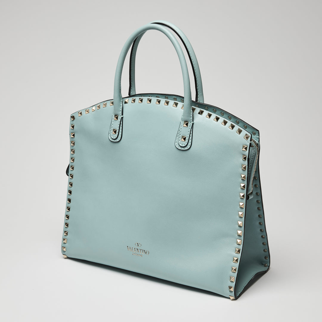 Valentino Light Blue Calf Leather Medium Rockstud Tote Bag