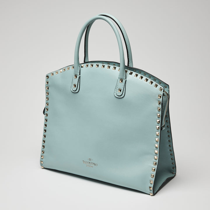 Valentino Light Blue Calf Leather Medium Rockstud Tote Bag