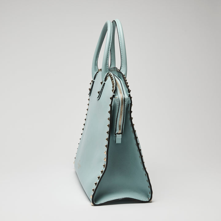 Valentino Light Blue Calf Leather Medium Rockstud Tote Bag