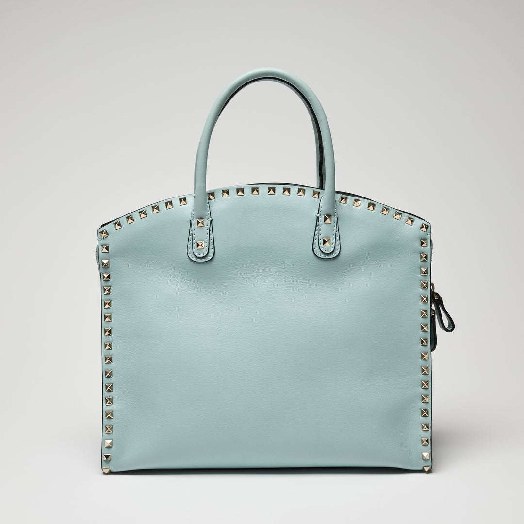 Valentino Light Blue Calf Leather Medium Rockstud Tote Bag
