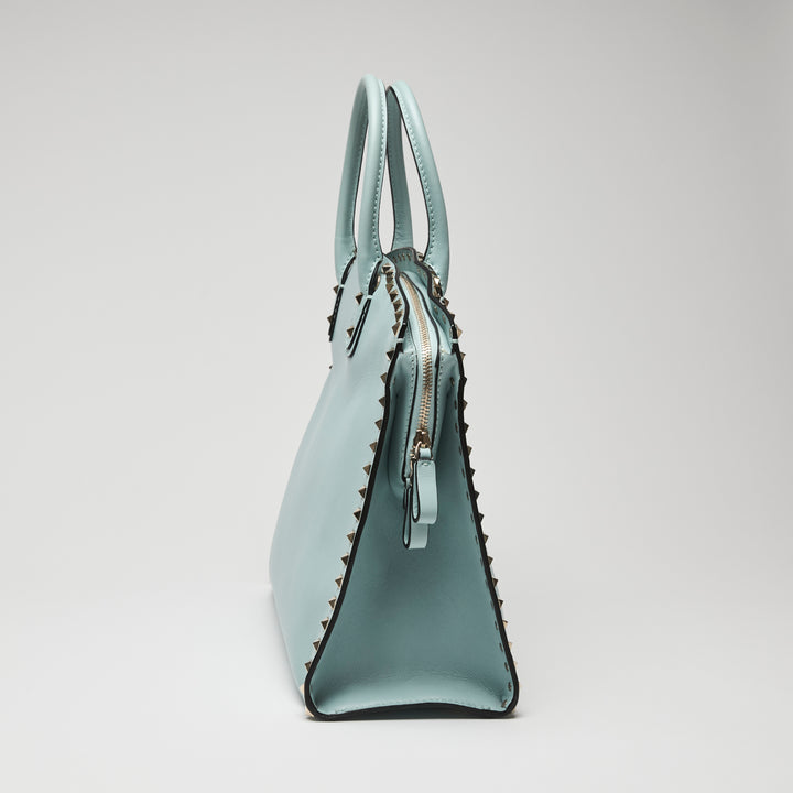 Valentino Light Blue Calf Leather Medium Rockstud Tote Bag