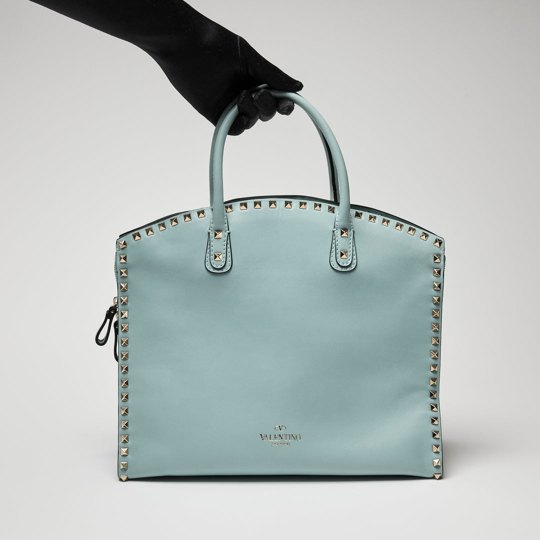 Valentino Light Blue Calf Leather Medium Rockstud Tote Bag