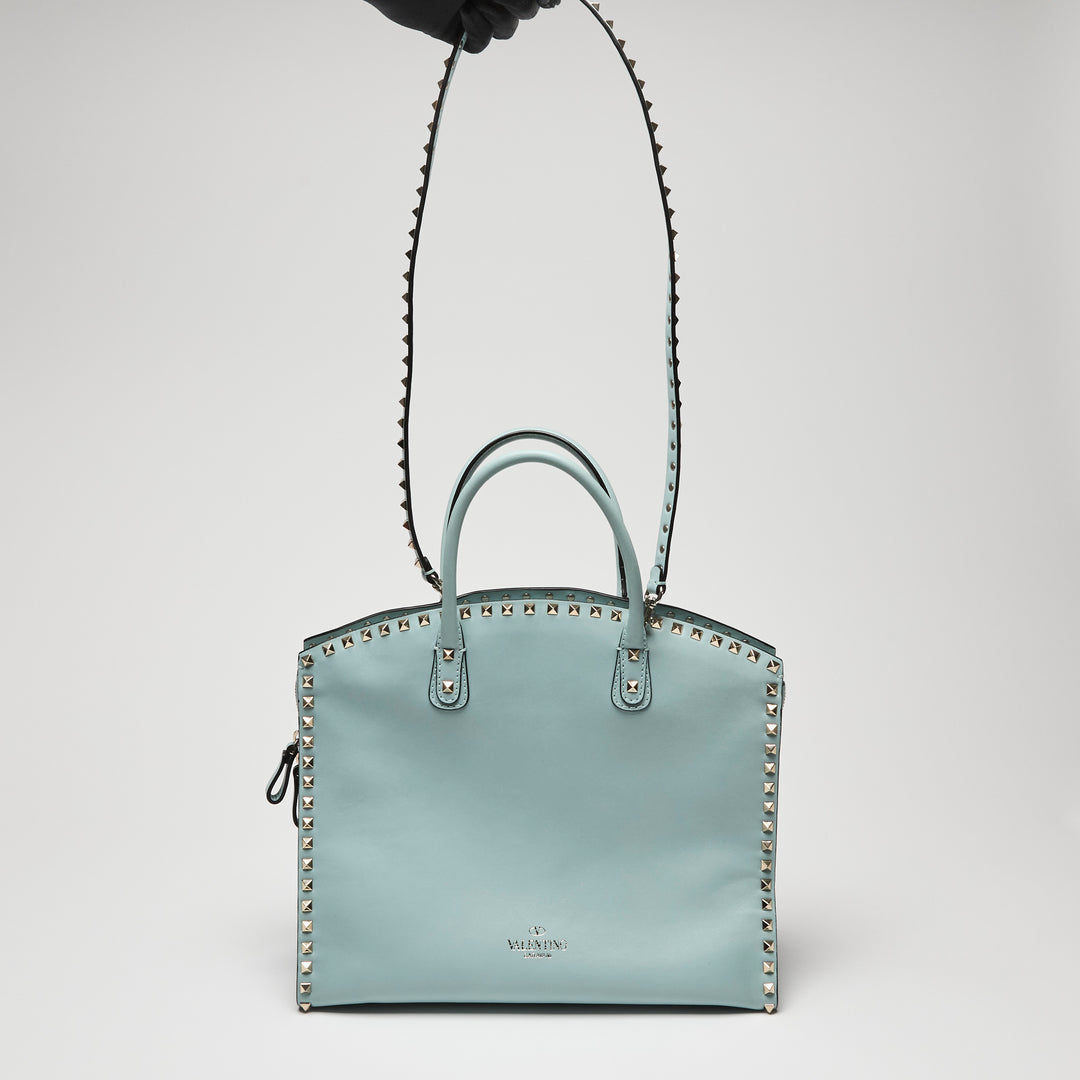 Valentino Light Blue Calf Leather Medium Rockstud Tote Bag