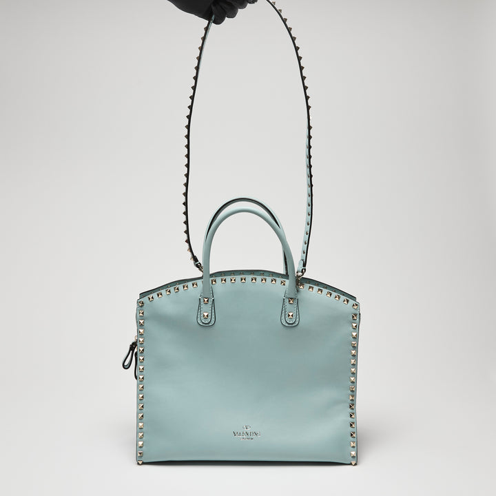 Valentino Light Blue Calf Leather Medium Rockstud Tote Bag