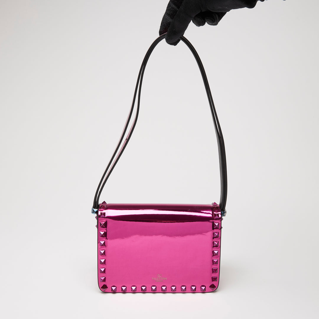 Valentino Metallic Pink Patent Leather Small Rockstud Shoulder Bag