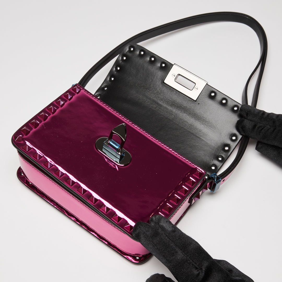 Valentino Metallic Pink Patent Leather Small Rockstud Shoulder Bag