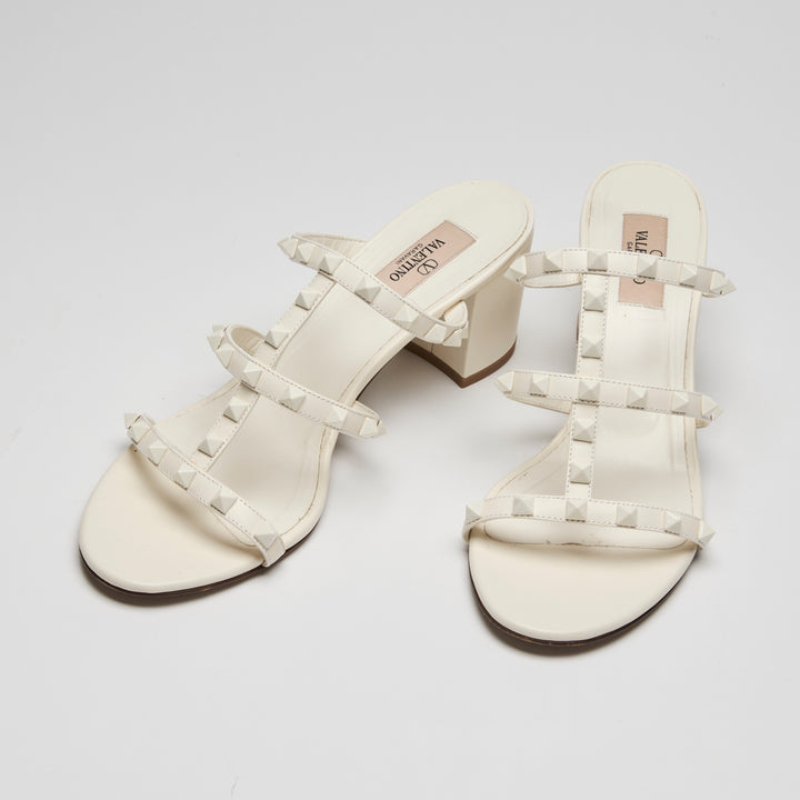 Valentino Ivory Calfskin Leather Rockstud Block Heel Sandals Size 40
