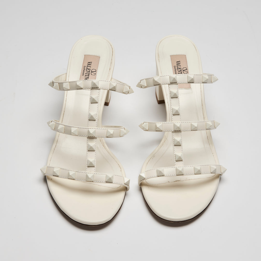Valentino Ivory Calfskin Leather Rockstud Block Heel Sandals Size 40