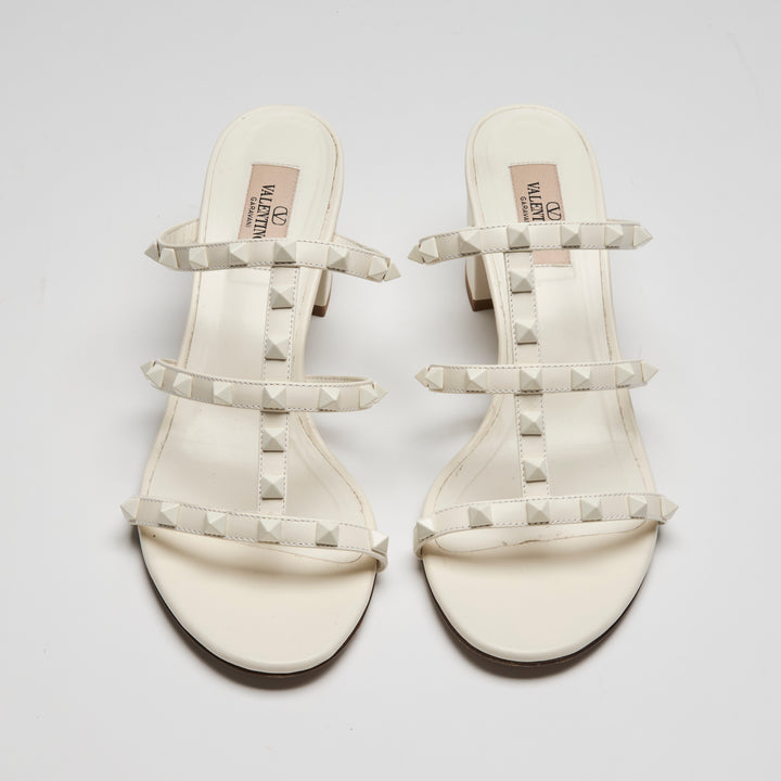 Valentino Ivory Calfskin Leather Rockstud Block Heel Sandals Size 40