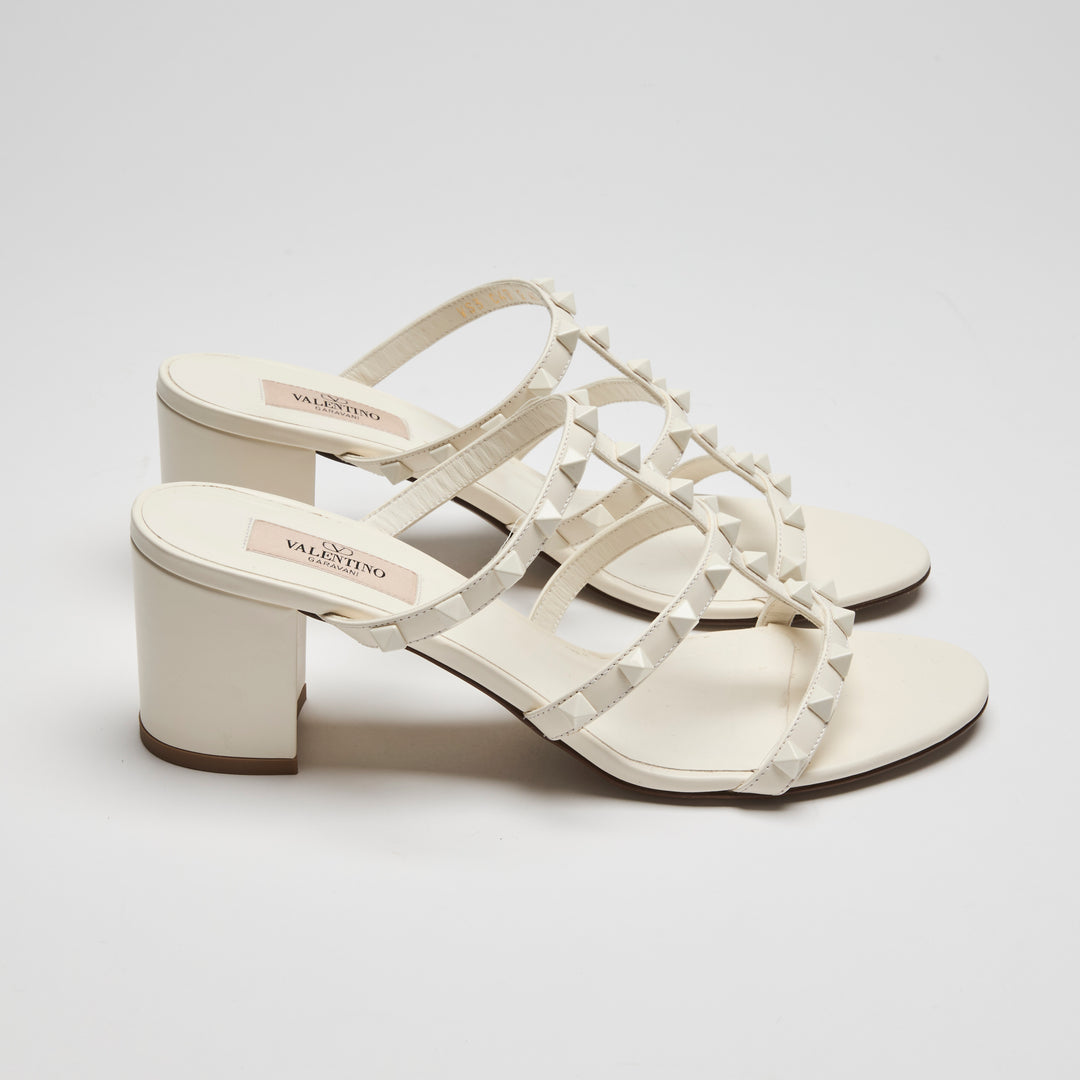 Valentino Ivory Calfskin Leather Rockstud Block Heel Sandals Size 40