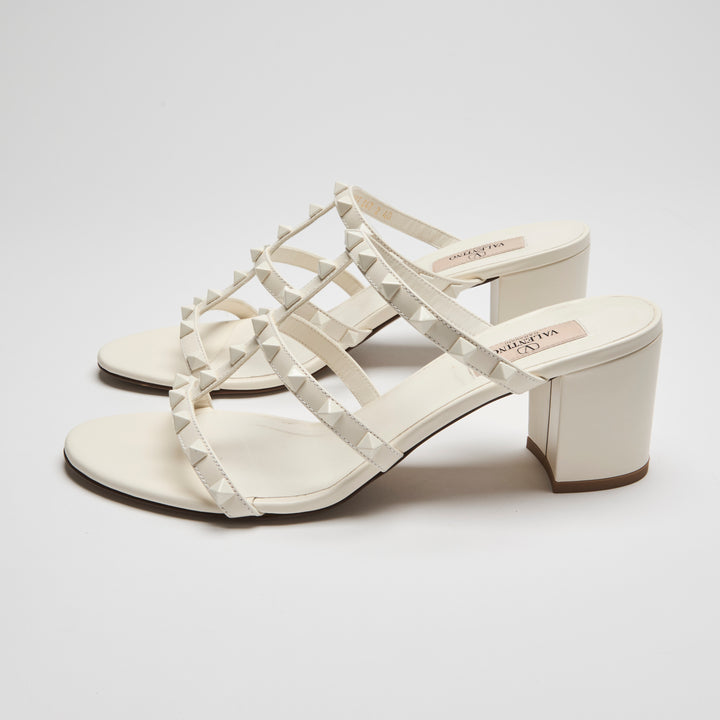 Valentino Ivory Calfskin Leather Rockstud Block Heel Sandals Size 40