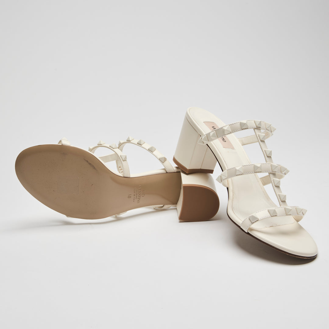 Valentino Ivory Calfskin Leather Rockstud Block Heel Sandals Size 40