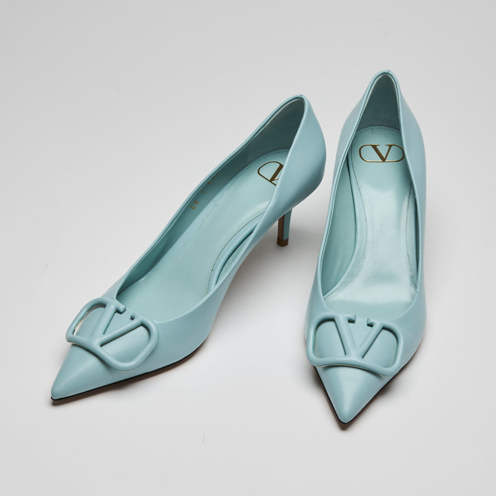 Valentino Sky Blue Calf Leather VLogo Pumps Size 38.5