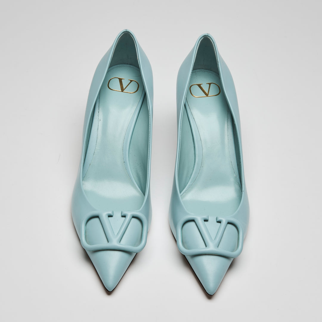 Valentino Sky Blue Calf Leather VLogo Pumps Size 38.5
