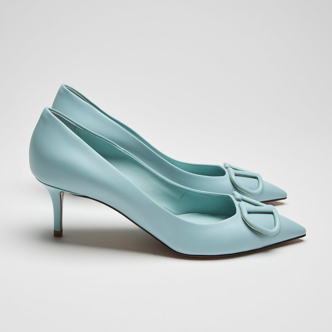 Valentino Sky Blue Calf Leather VLogo Pumps Size 38.5