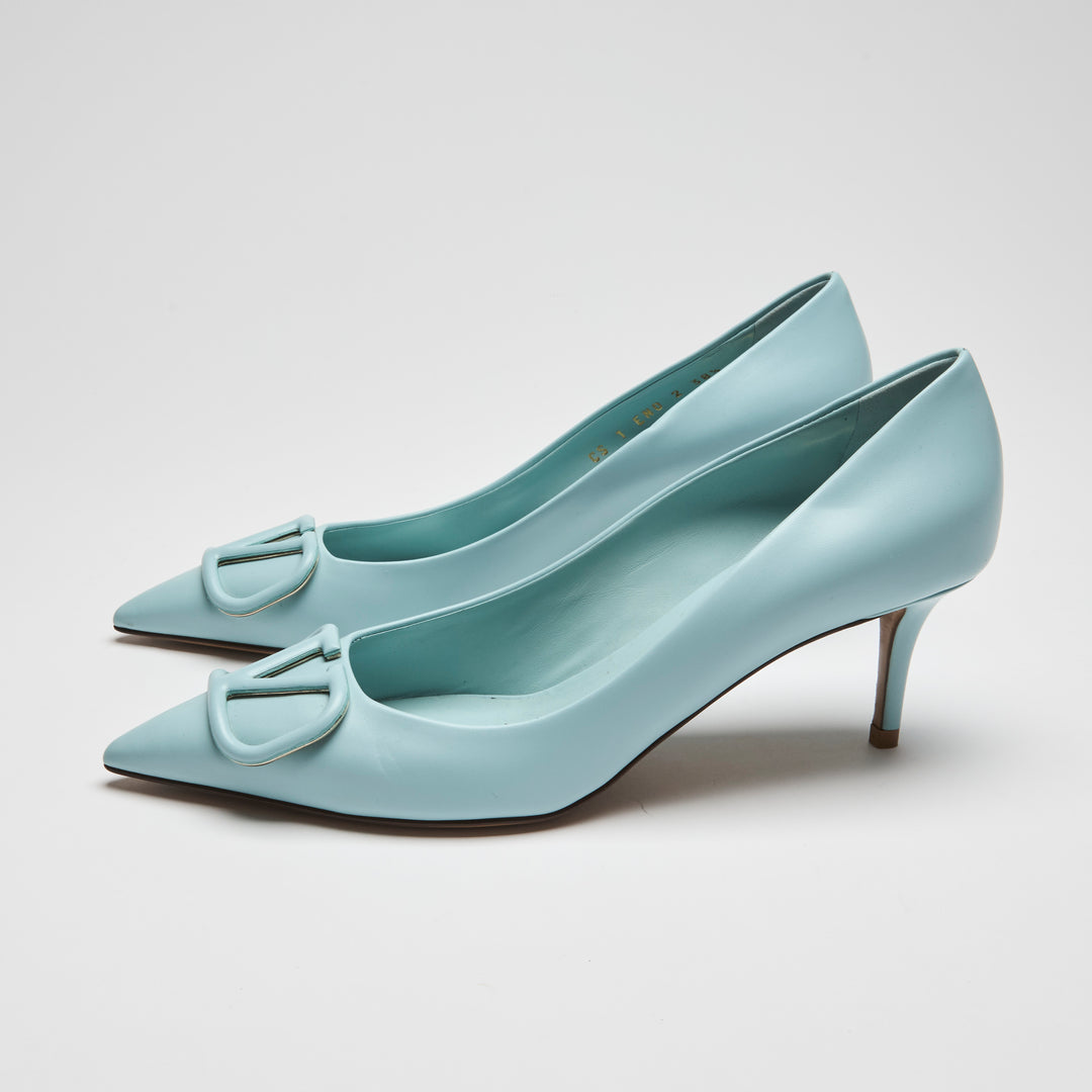 Valentino Sky Blue Calf Leather VLogo Pumps Size 38.5