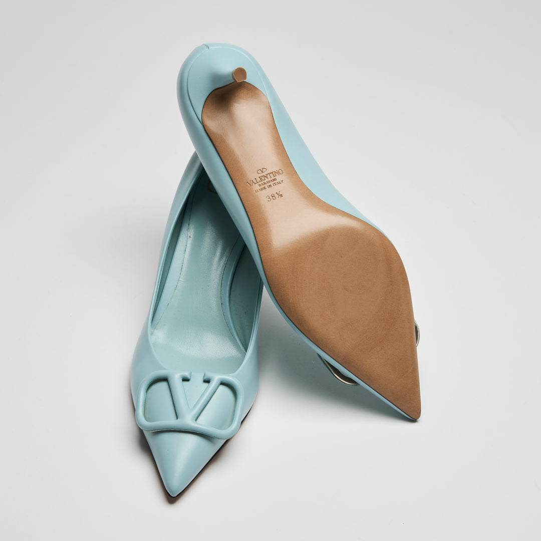 Valentino Sky Blue Calf Leather VLogo Pumps Size 38.5