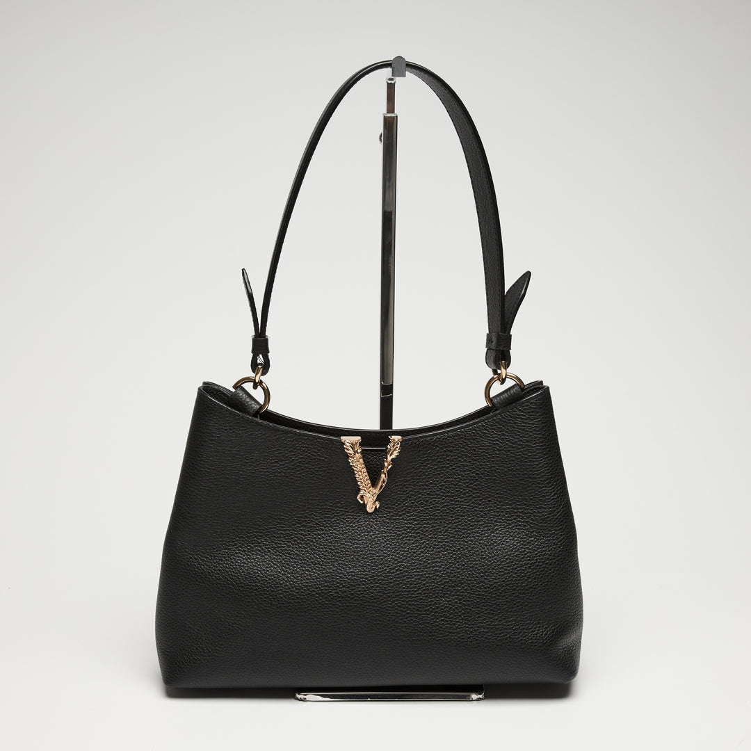 Versace Black Calf Leather Virtus Shoulder Bag