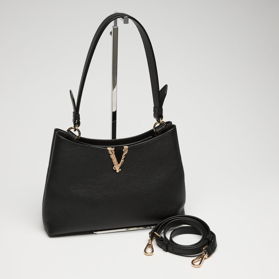 Versace Black Calf Leather Virtus Shoulder Bag