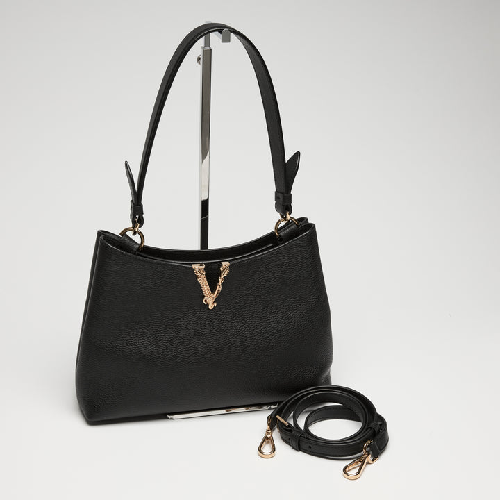 Versace Black Calf Leather Virtus Shoulder Bag