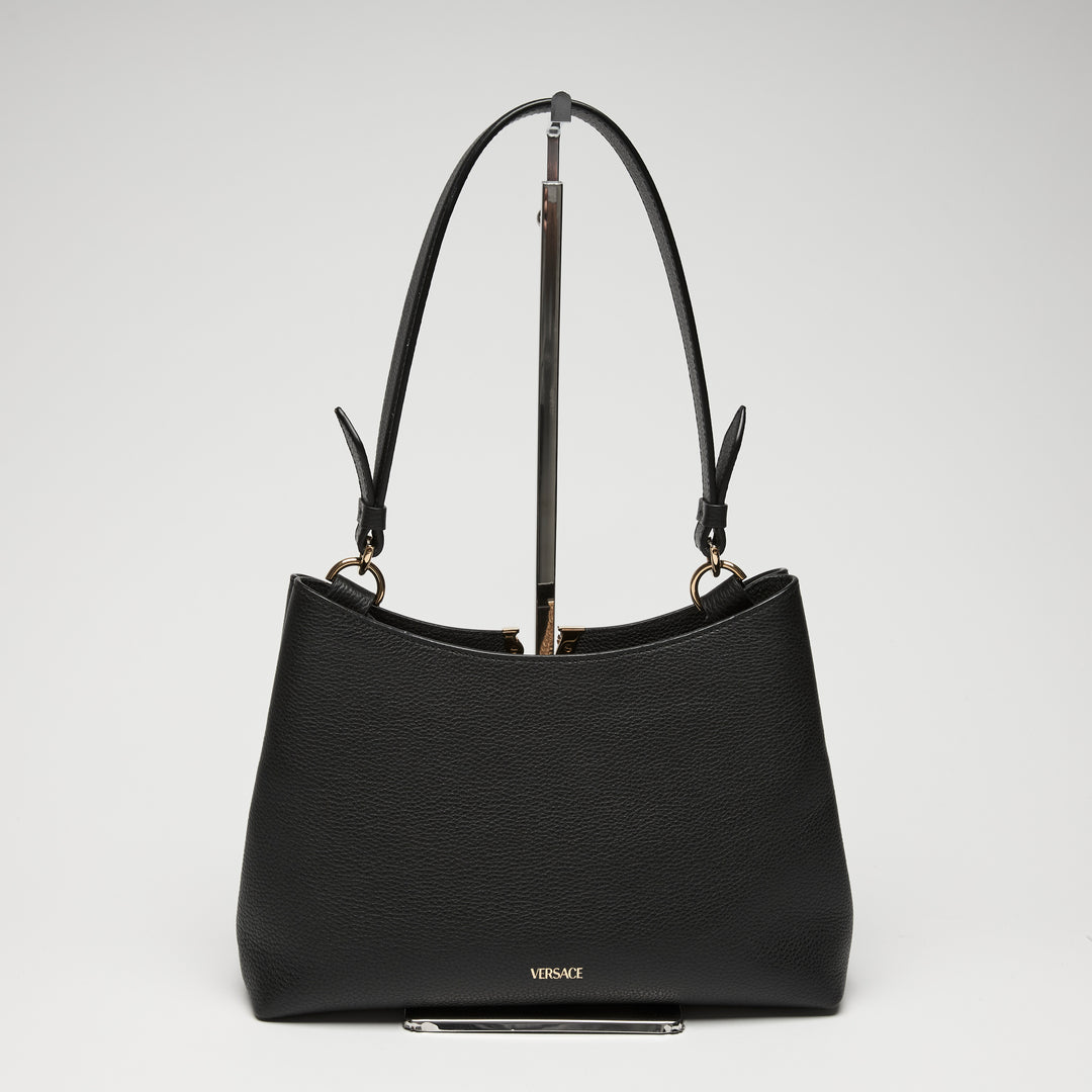 Versace Black Calf Leather Virtus Shoulder Bag