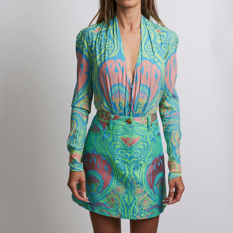 Excellent Pre-Loved Multicolor Long Sleeve Bodysuit.  (front)